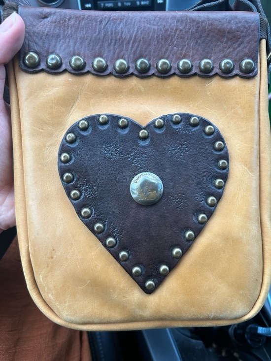 Handbags - Handmade Genuine Leathr Studded Heart Accent Two-Tone Crossbody